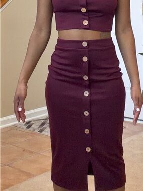 Popular Basics Burgundy Button-Front Midi Pencil Skirt